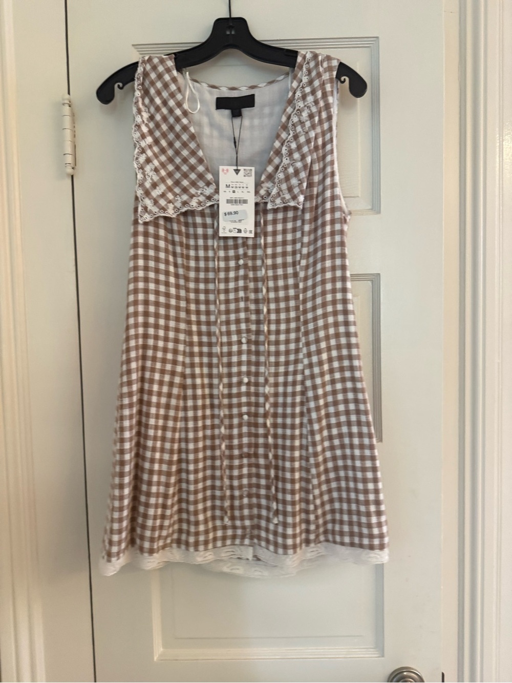 Zara Beige and White Gingham Sleeveless Mini Dress